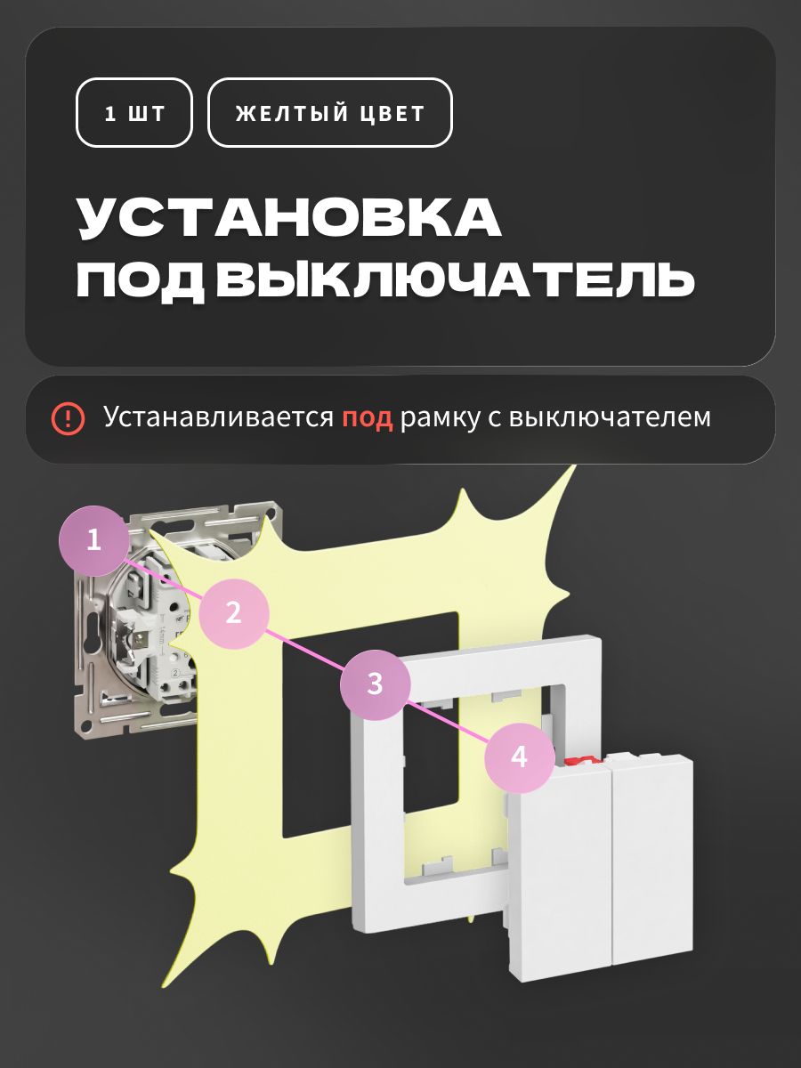 Накладка под выключатель и розетку для защиты обоев, рамка декоративная на стену, однопостовая, желтая — фото 10
